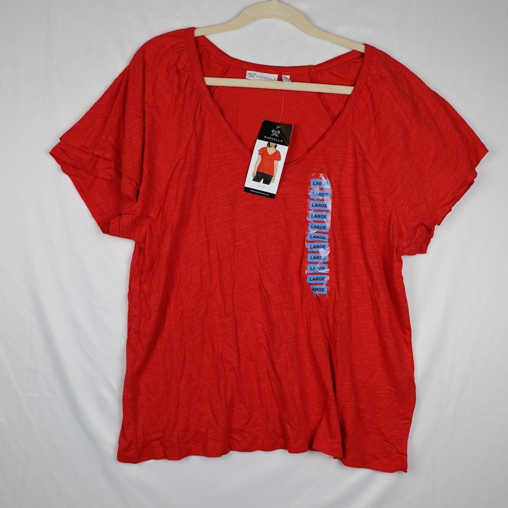 Rafaella Knit Top Womens Large True Red Short Sleeve V Neck Casual Lightweight